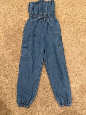 Denim Blue Elastic-Waist Cargo Jumpsuit